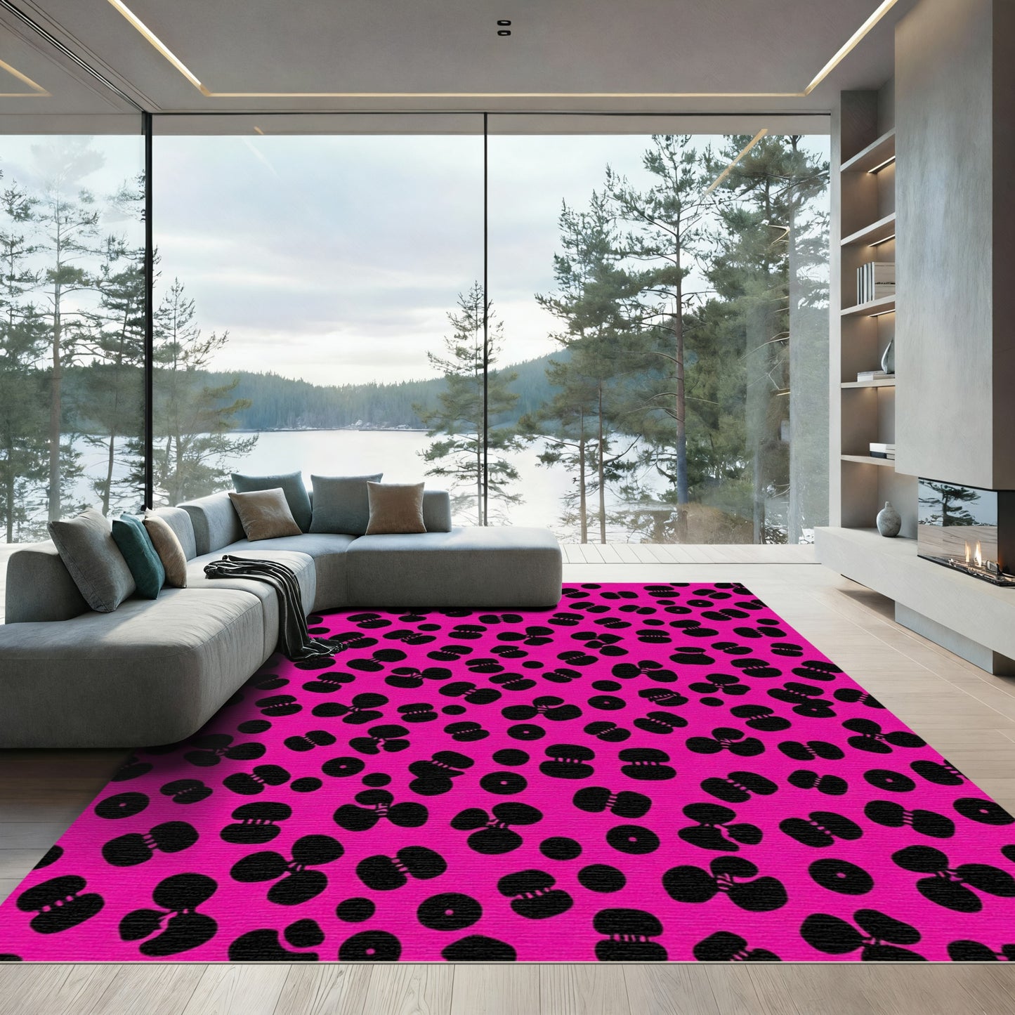 Vivid Pink Black Abstract Bloom Texture Rug