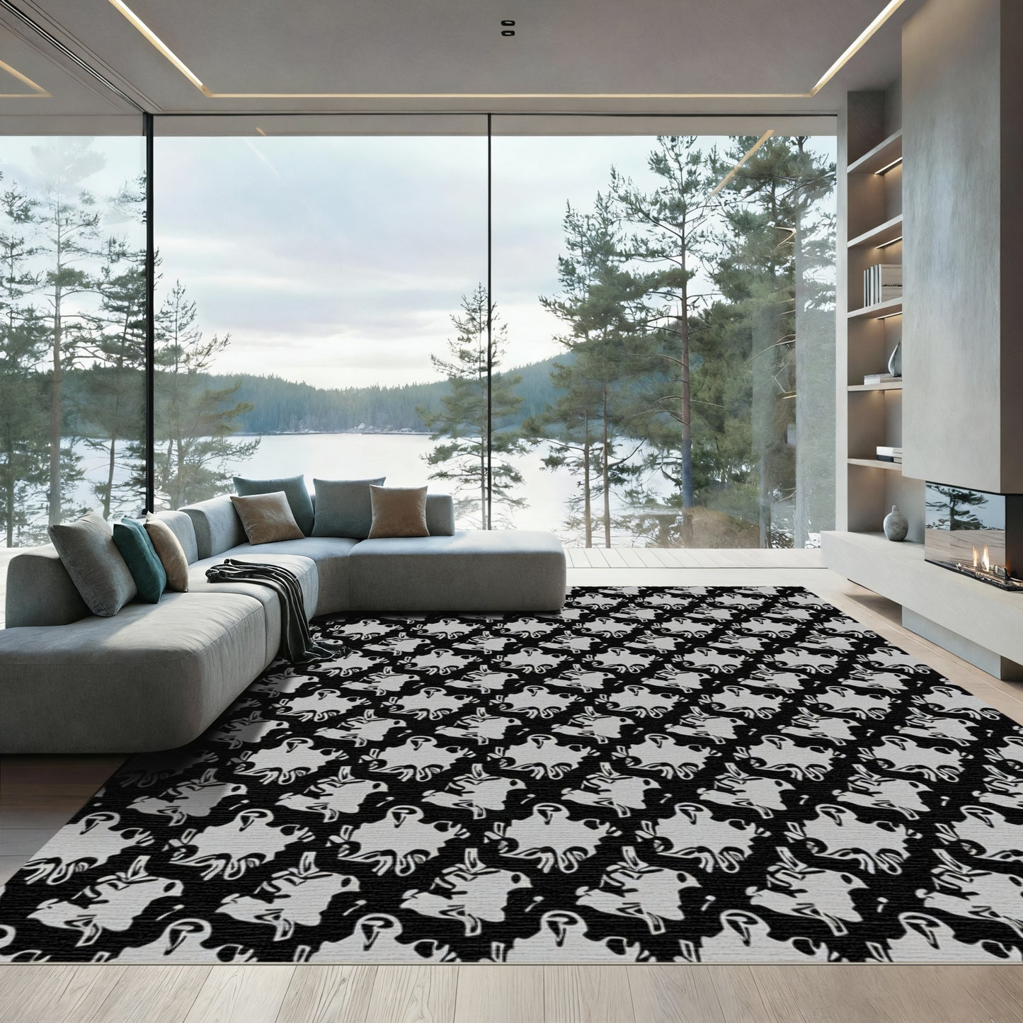 Black and Gray Abstract Organic Blossom Rug