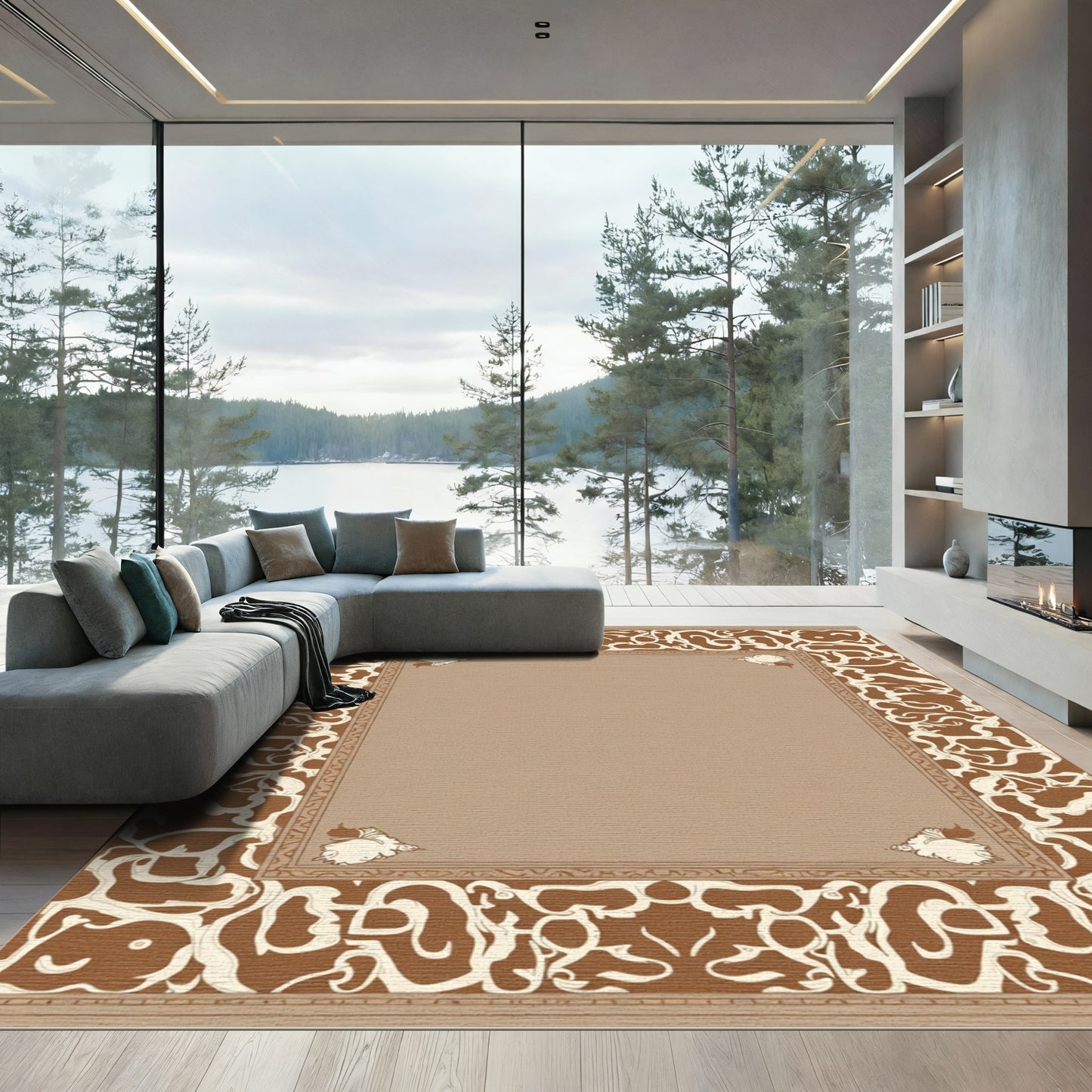 Brown Cream Abstract Floral Border Rug