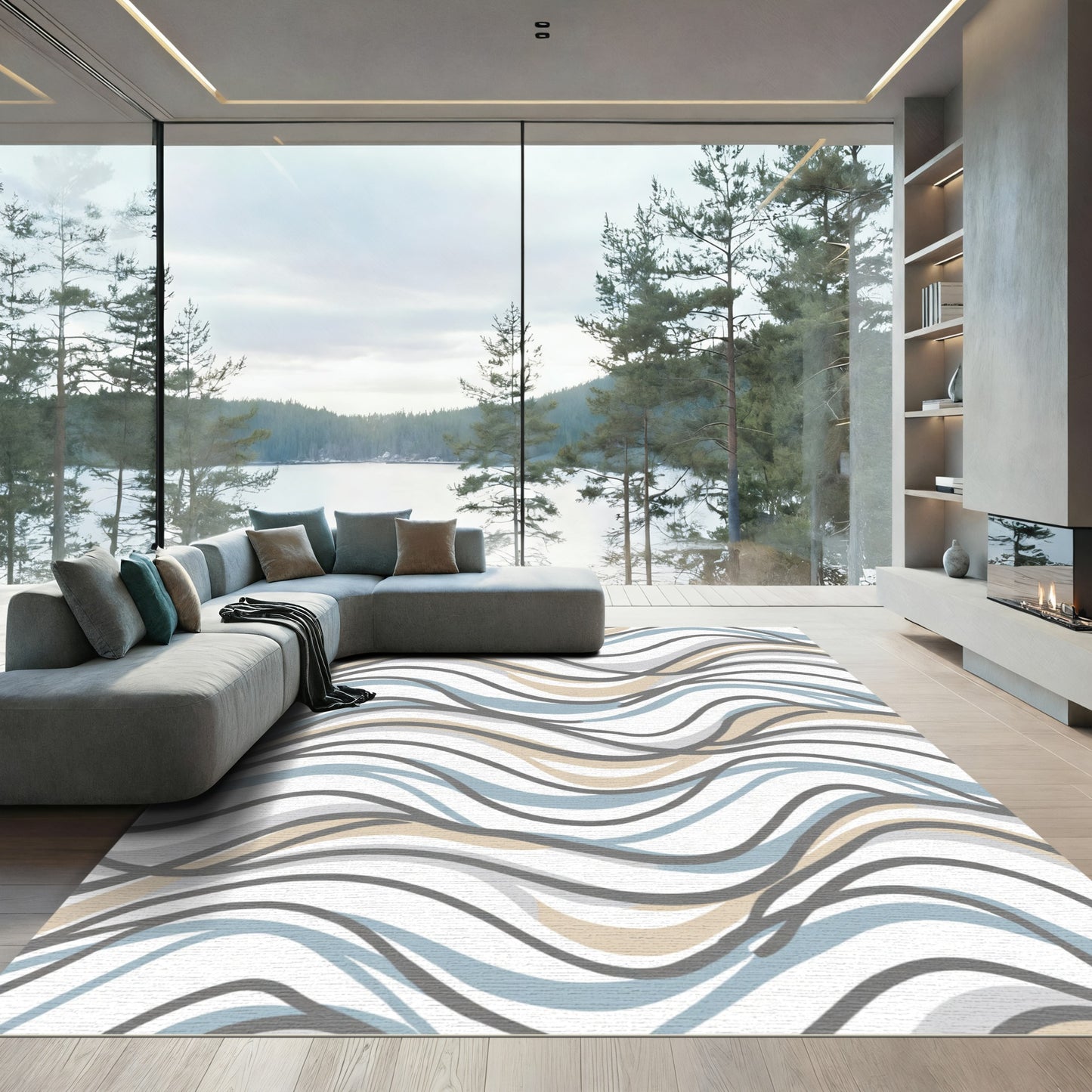 Soft Blue Tan Wavy Lines Rug
