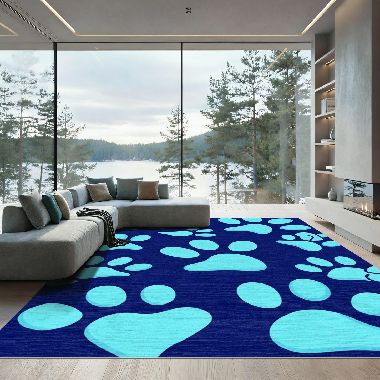 Aqua Paw Prints on Navy Background Rug