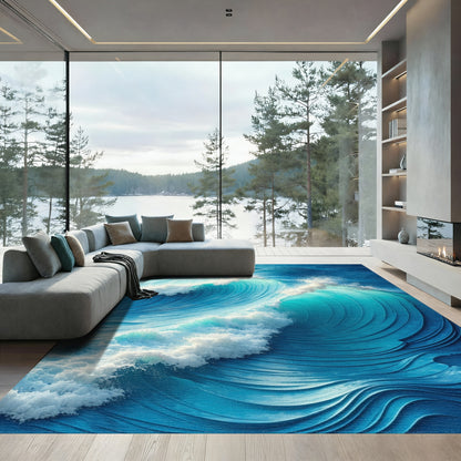 Dynamic Turquoise Crashing Waves Rug