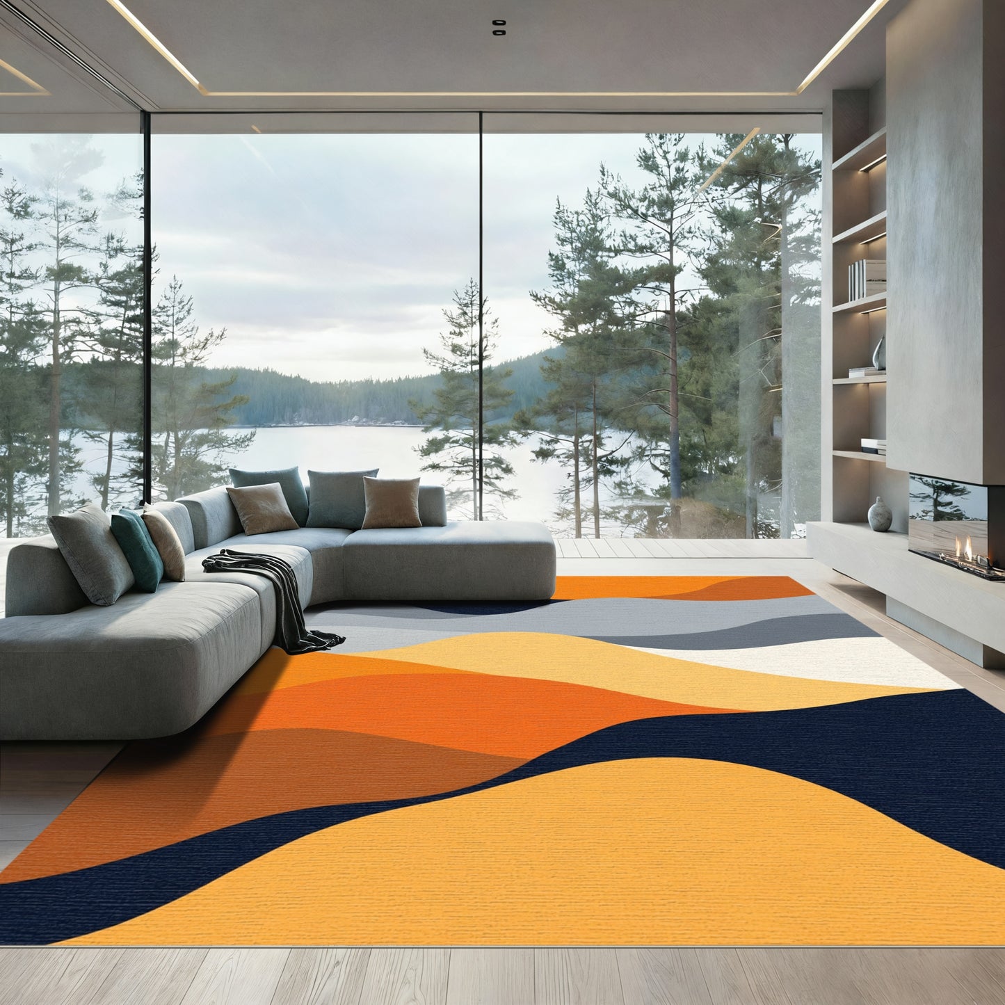 Abstract Wavy Landscape Orange Blue Rug