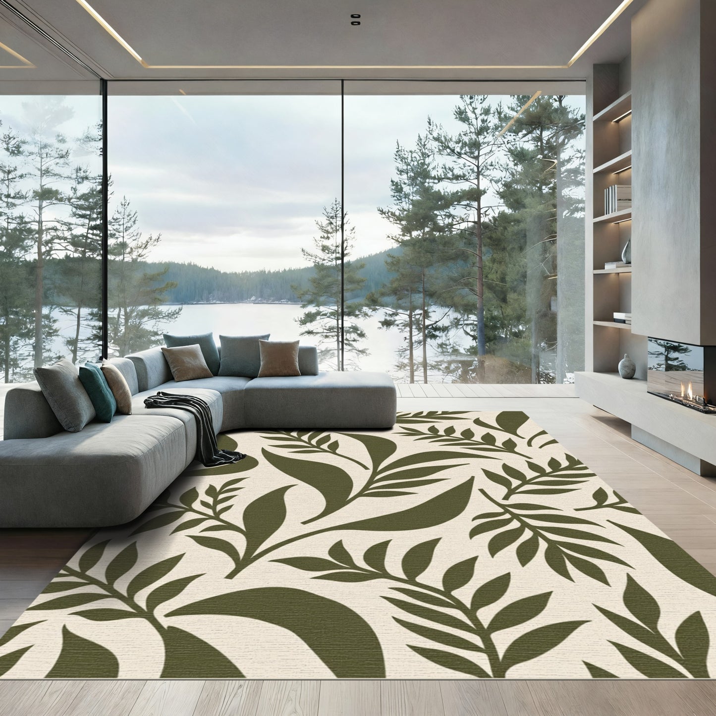 Olive Green Leafy Frond Composition Rug