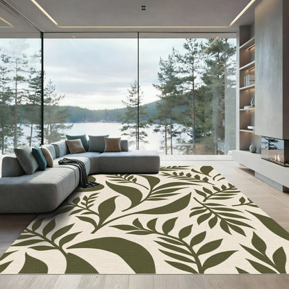 Olive Green Leafy Frond Composition Rug
