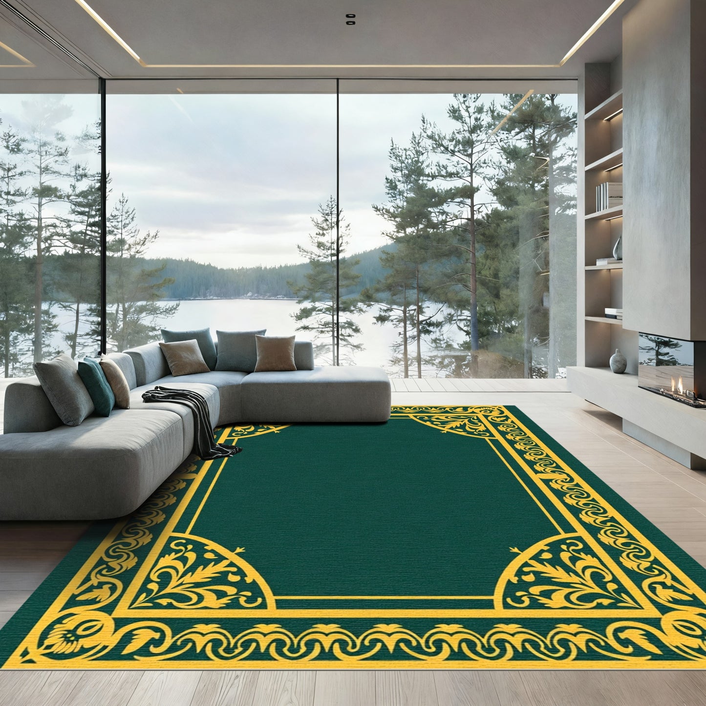 Gold Leaf Scroll Frame Elegant Border Rug