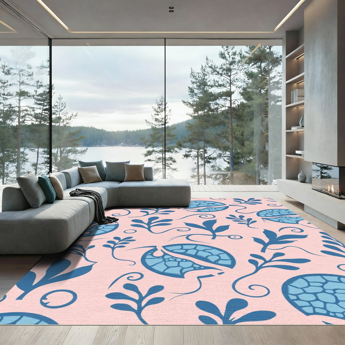 Blue Floral Swirls Pale Pink Rug