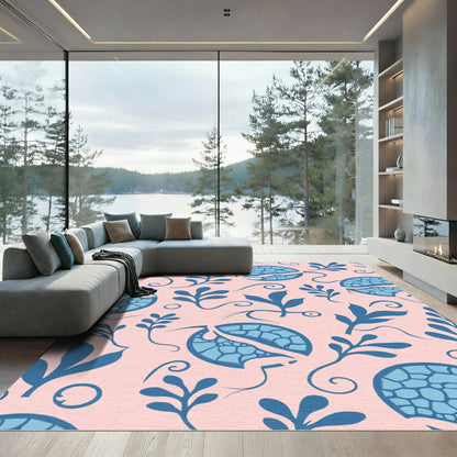 Blue Floral Swirls Pale Pink Rug