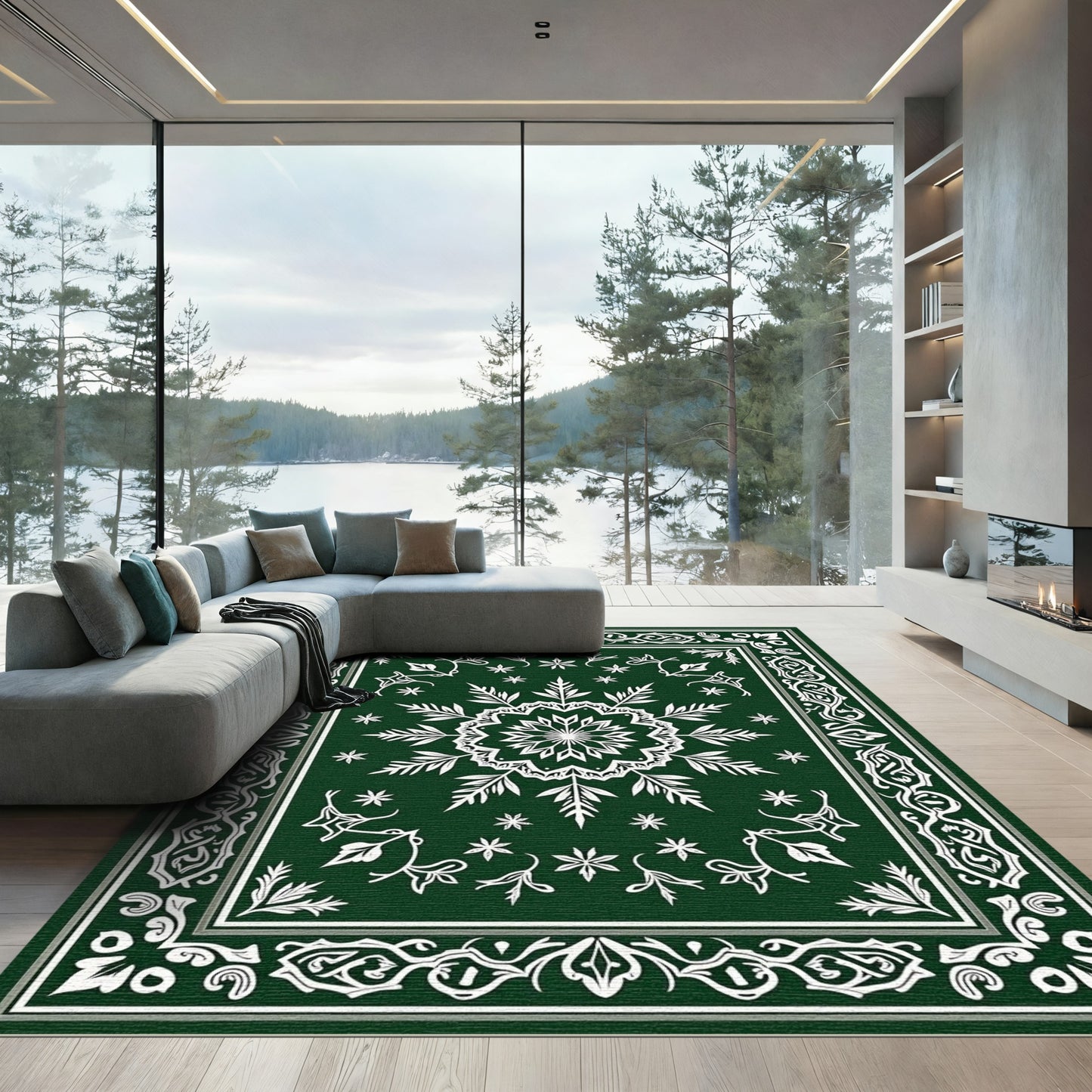 Forest Green Elaborate Snowflake Frame Rug