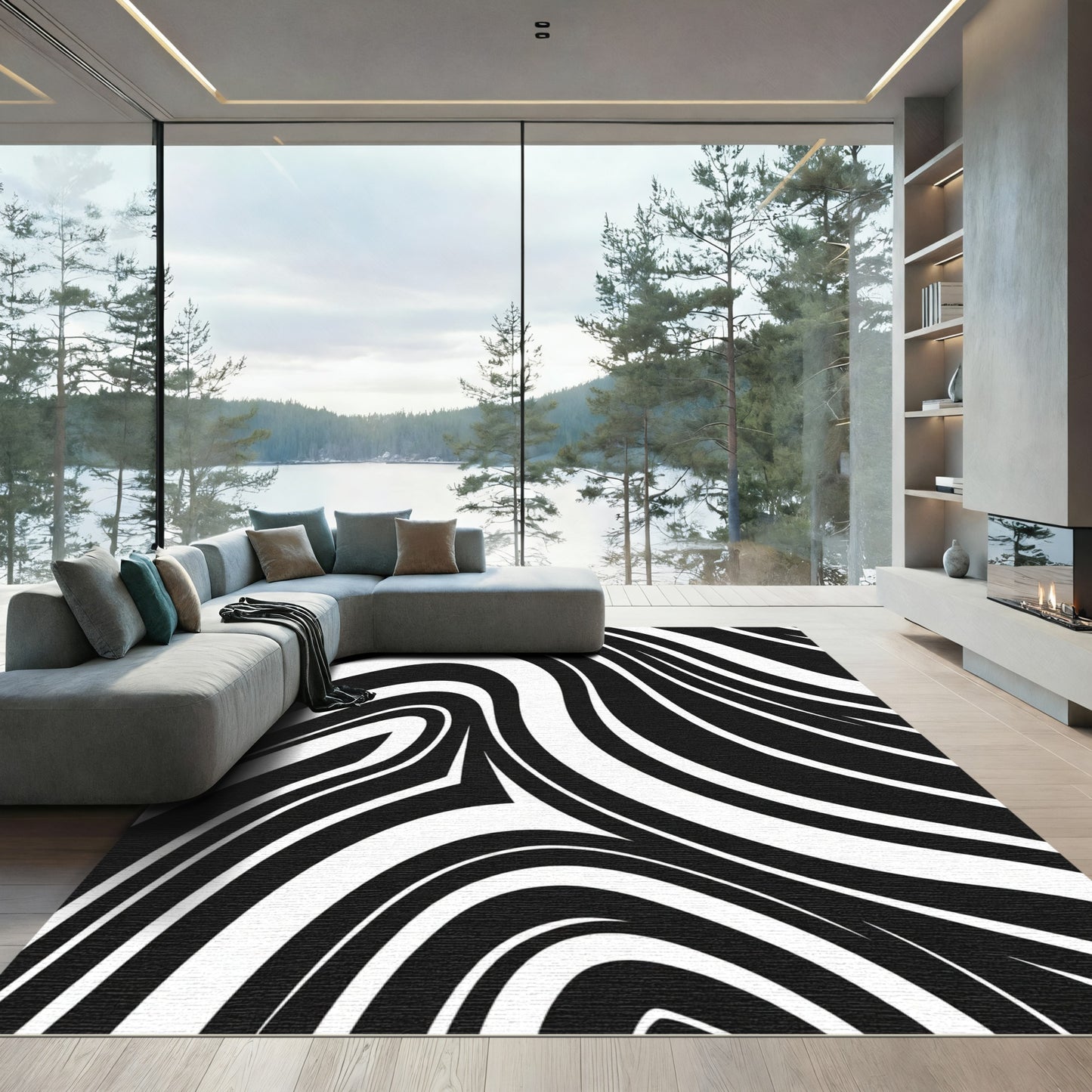 Bold Black White Swirl Curve Rug