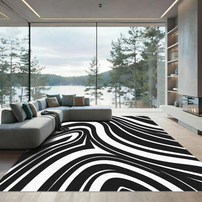 Bold Black White Swirl Curve Rug