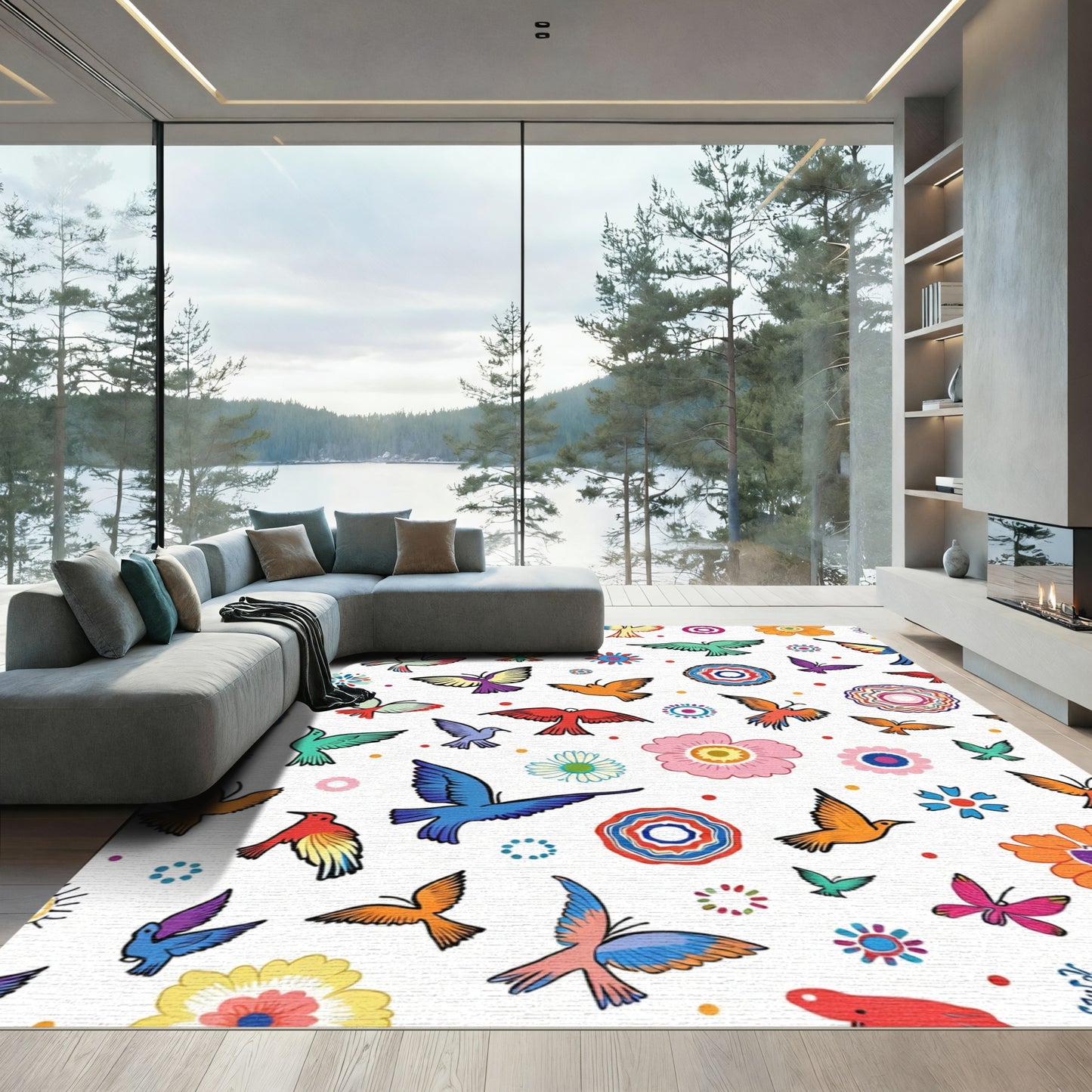 Colorful Birds and Flowers Medallion Rug