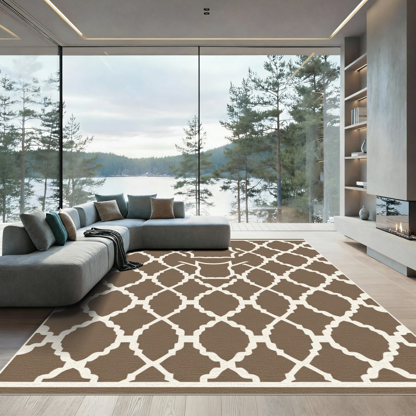 Brown White Arabesque Lattice Rug