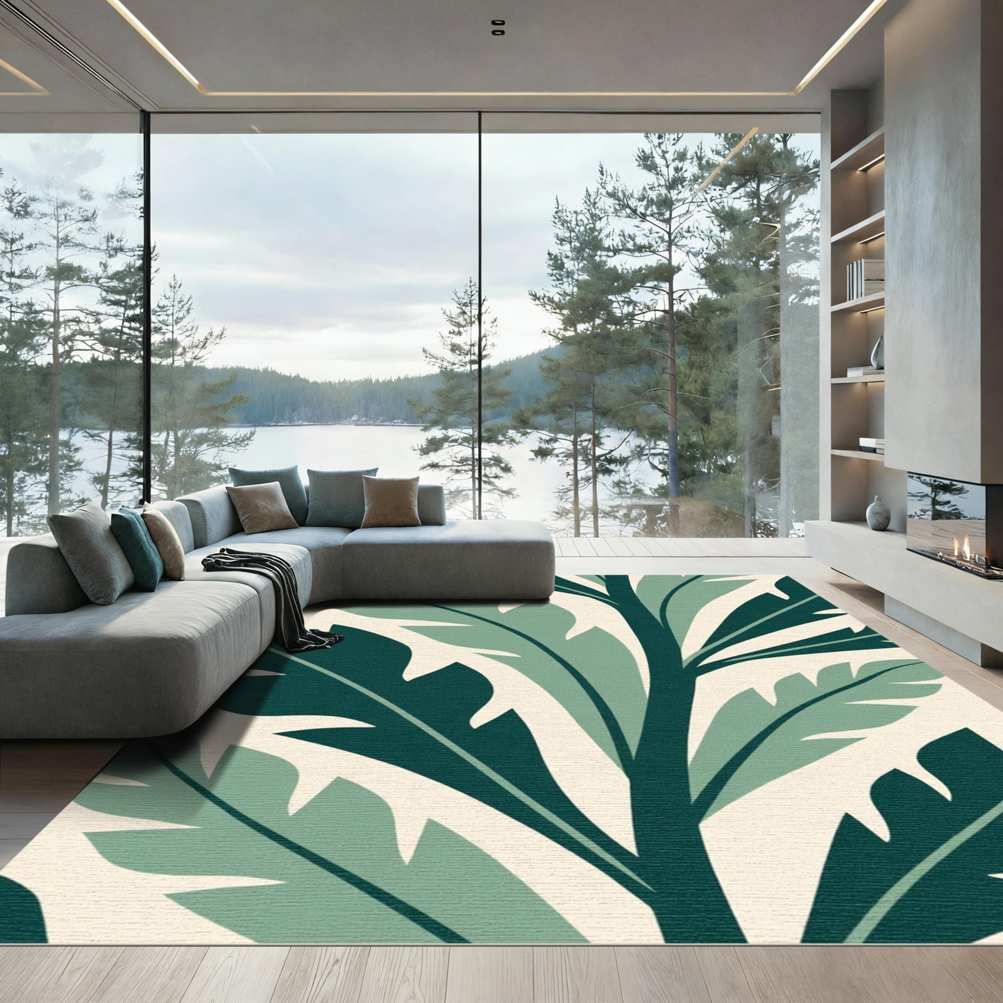Deep Teal Green Leafy Fronds Rug