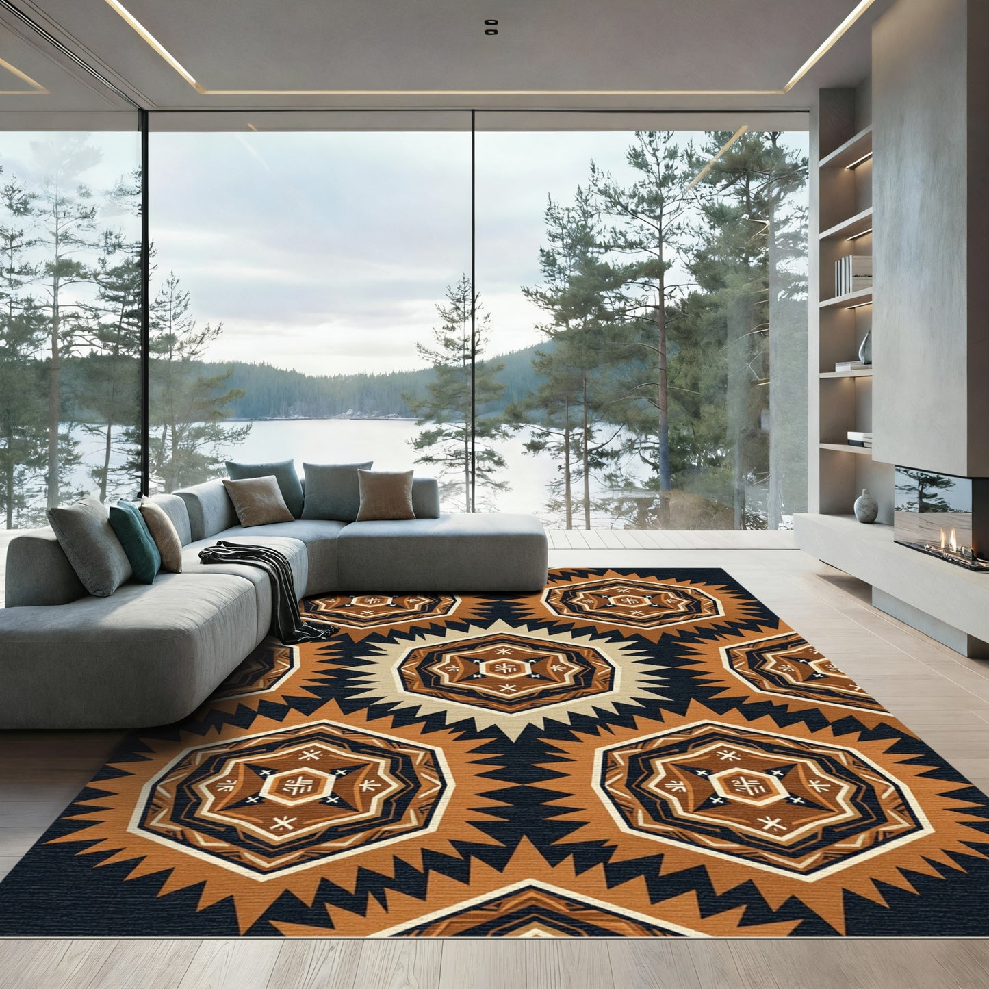 Brown Hexagonal Tribal Geometric Repeat Rug