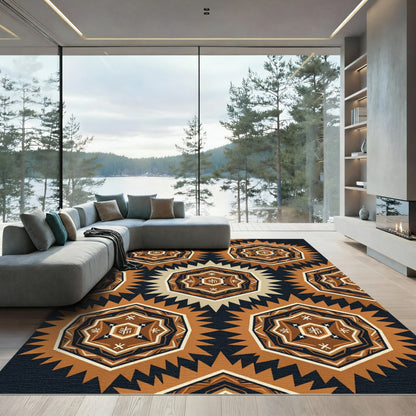 Brown Hexagonal Tribal Geometric Repeat Rug