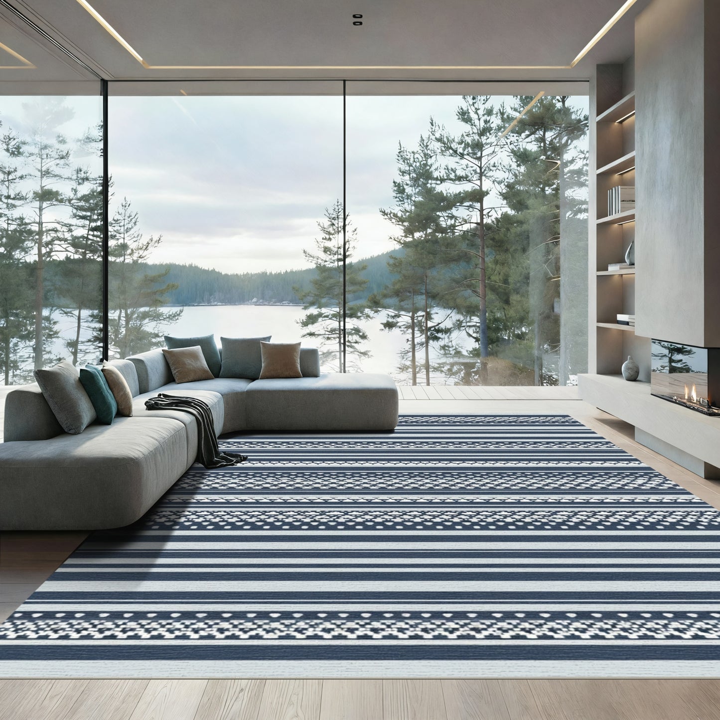 Midnight Blue and White Striped Borders Rug