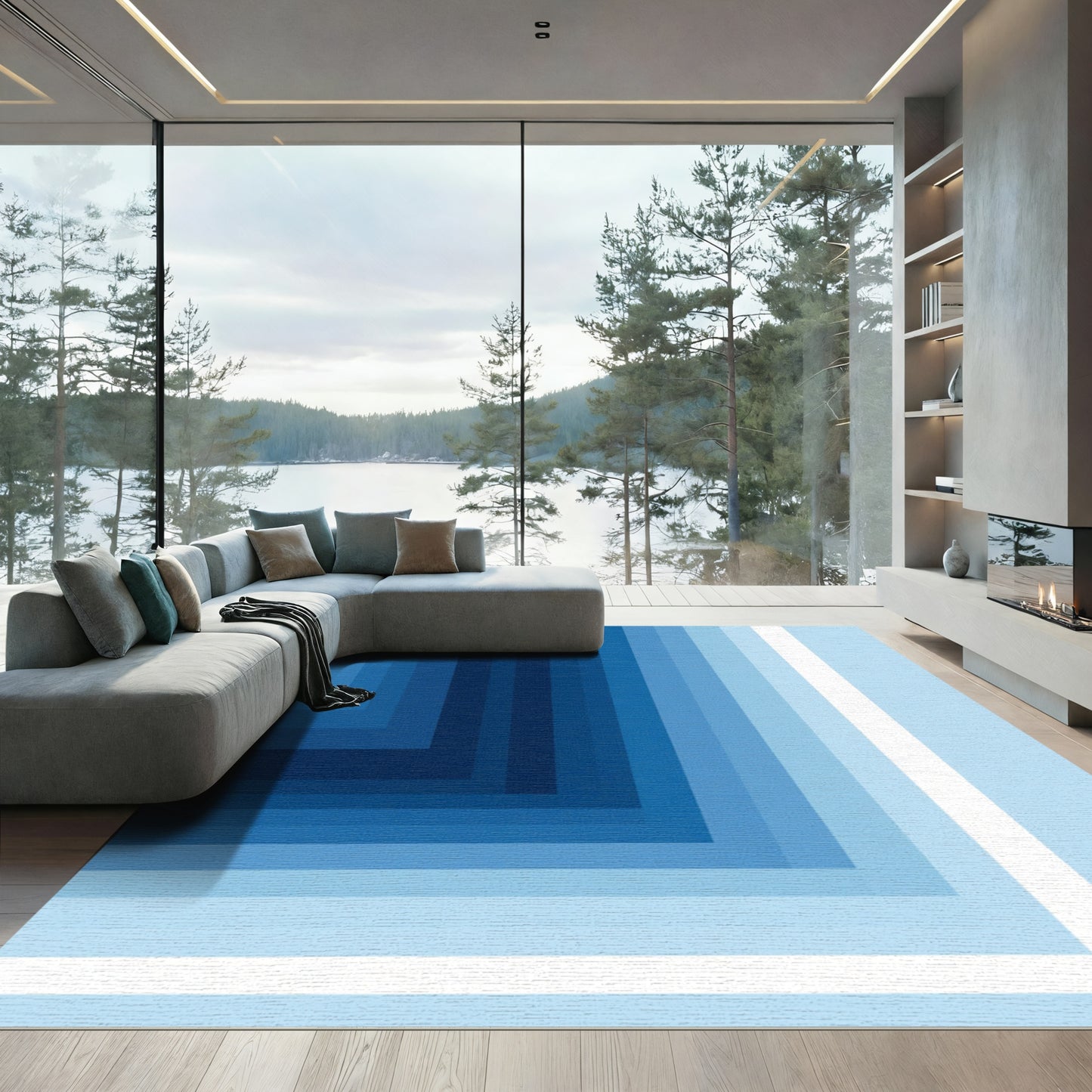Deep Blue Graduated Geometric Squares Rug