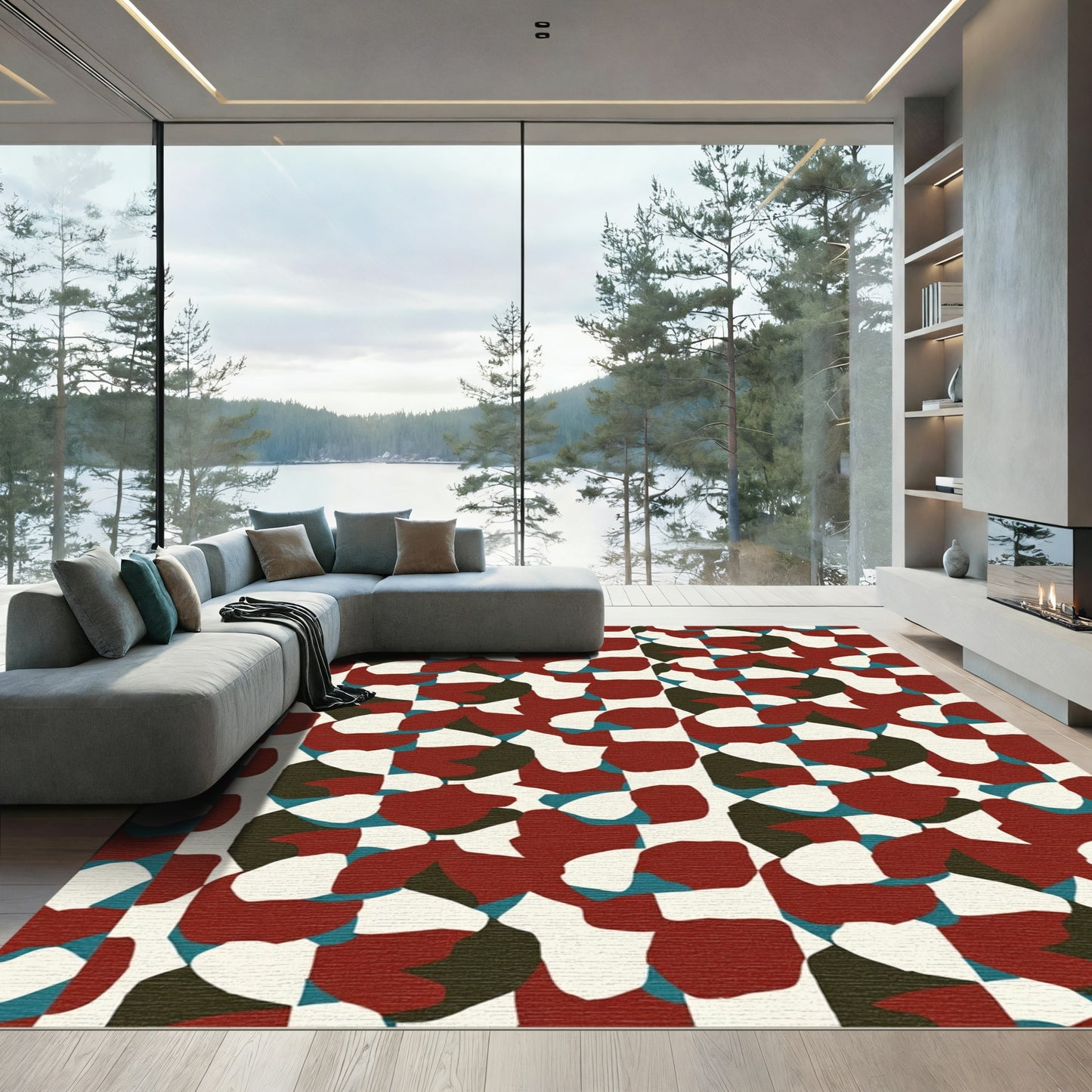 Abstract Red White Organic Blocks Rug