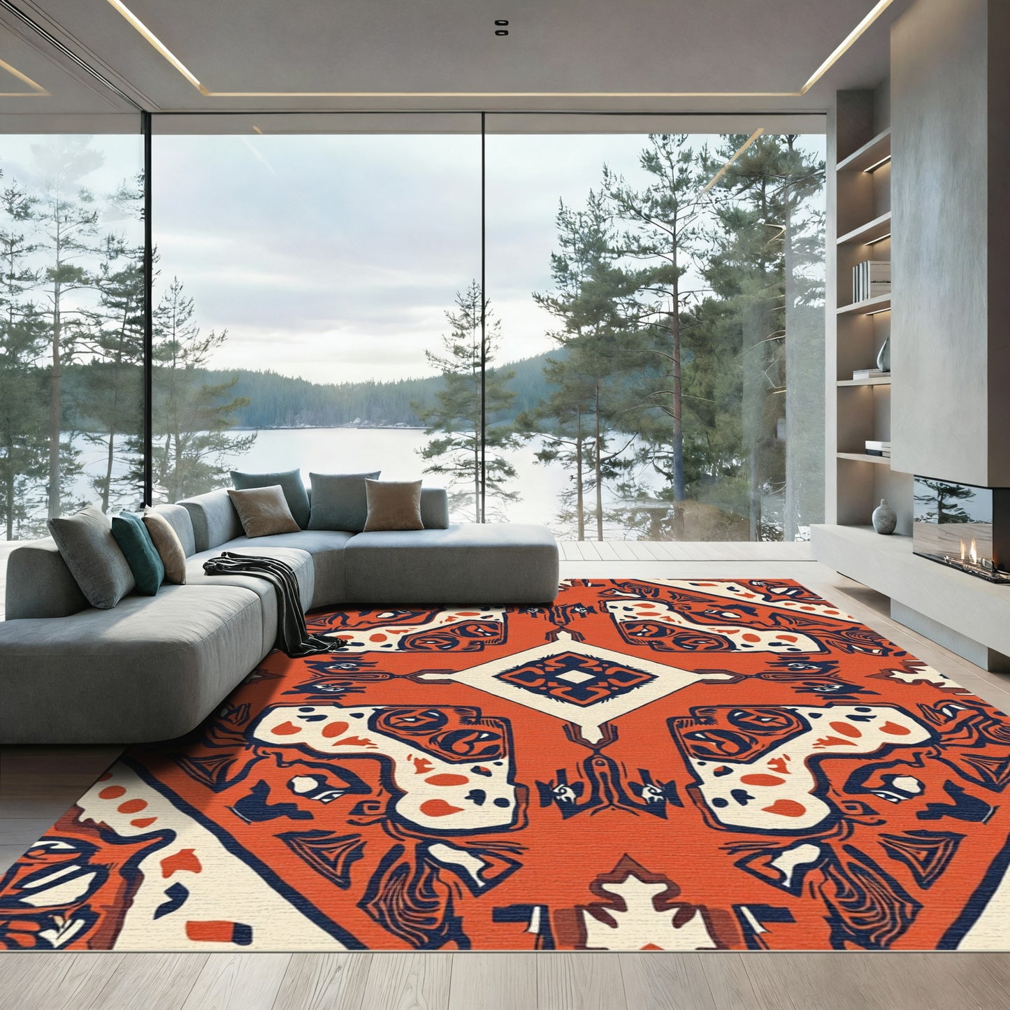 Bold Orange Cream Tribal Medallion Rug