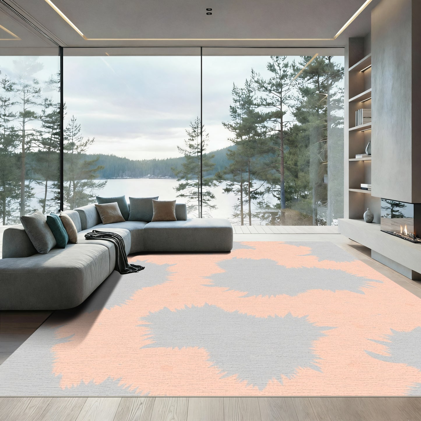 Peach Gray Spiky Abstract Splatter Rug