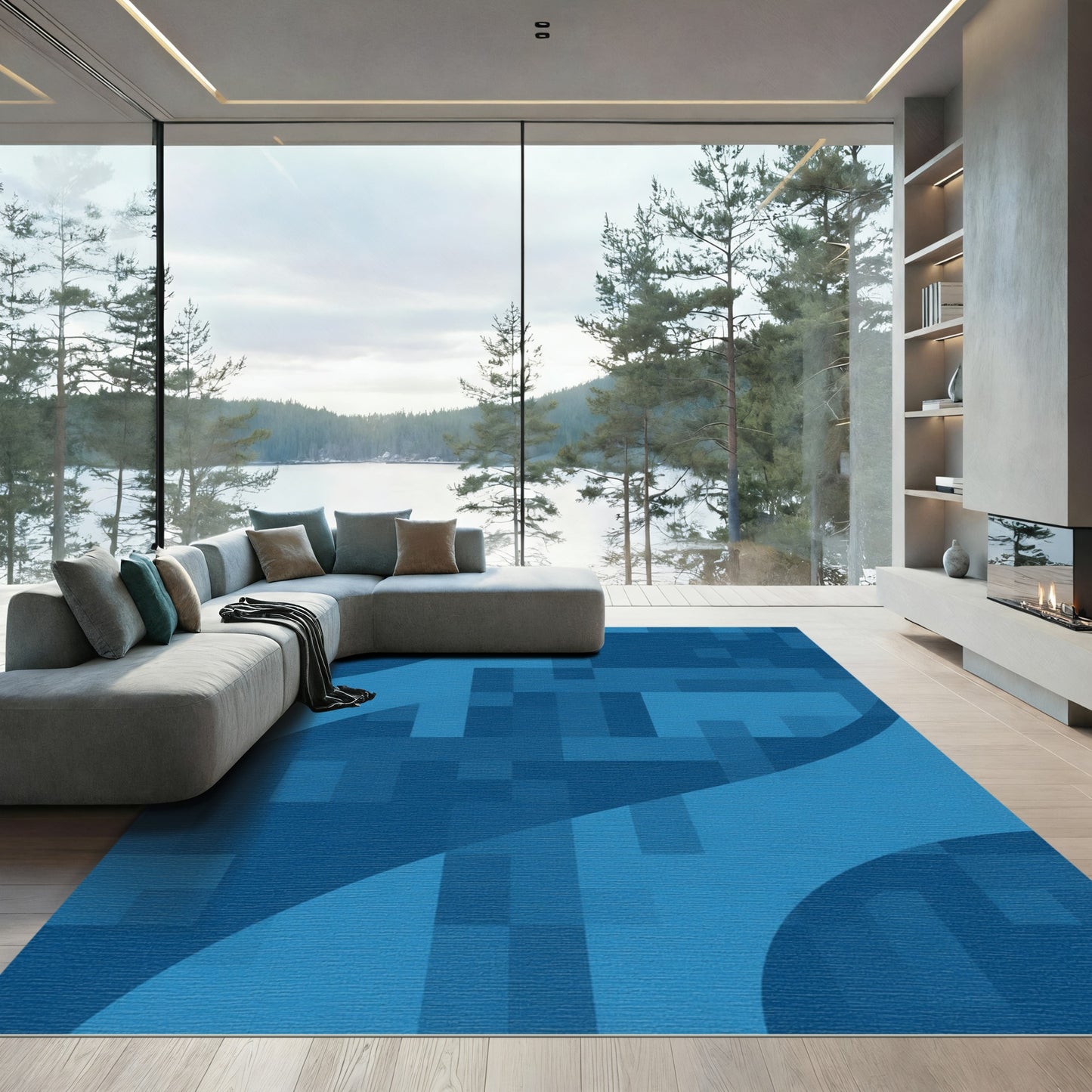 Deep Blue Pixelated Geometric Curve Rug