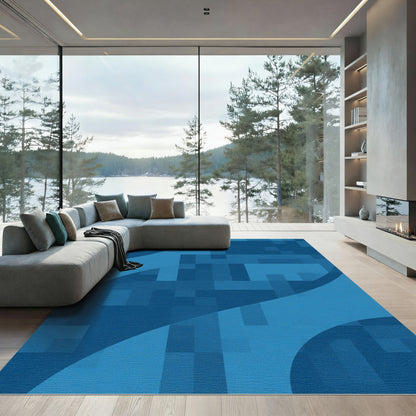 Deep Blue Pixelated Geometric Curve Rug