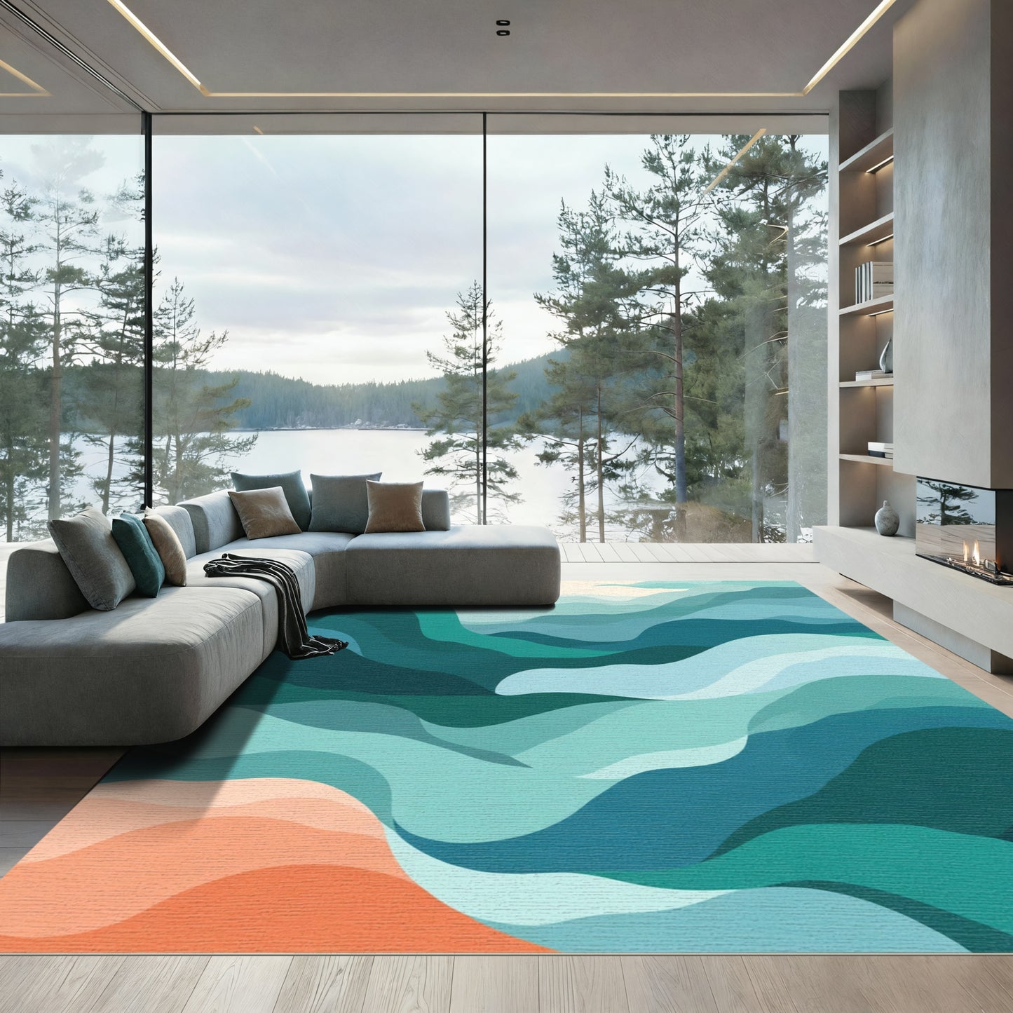 Misty Blue Wave Gradient Landscape Rug