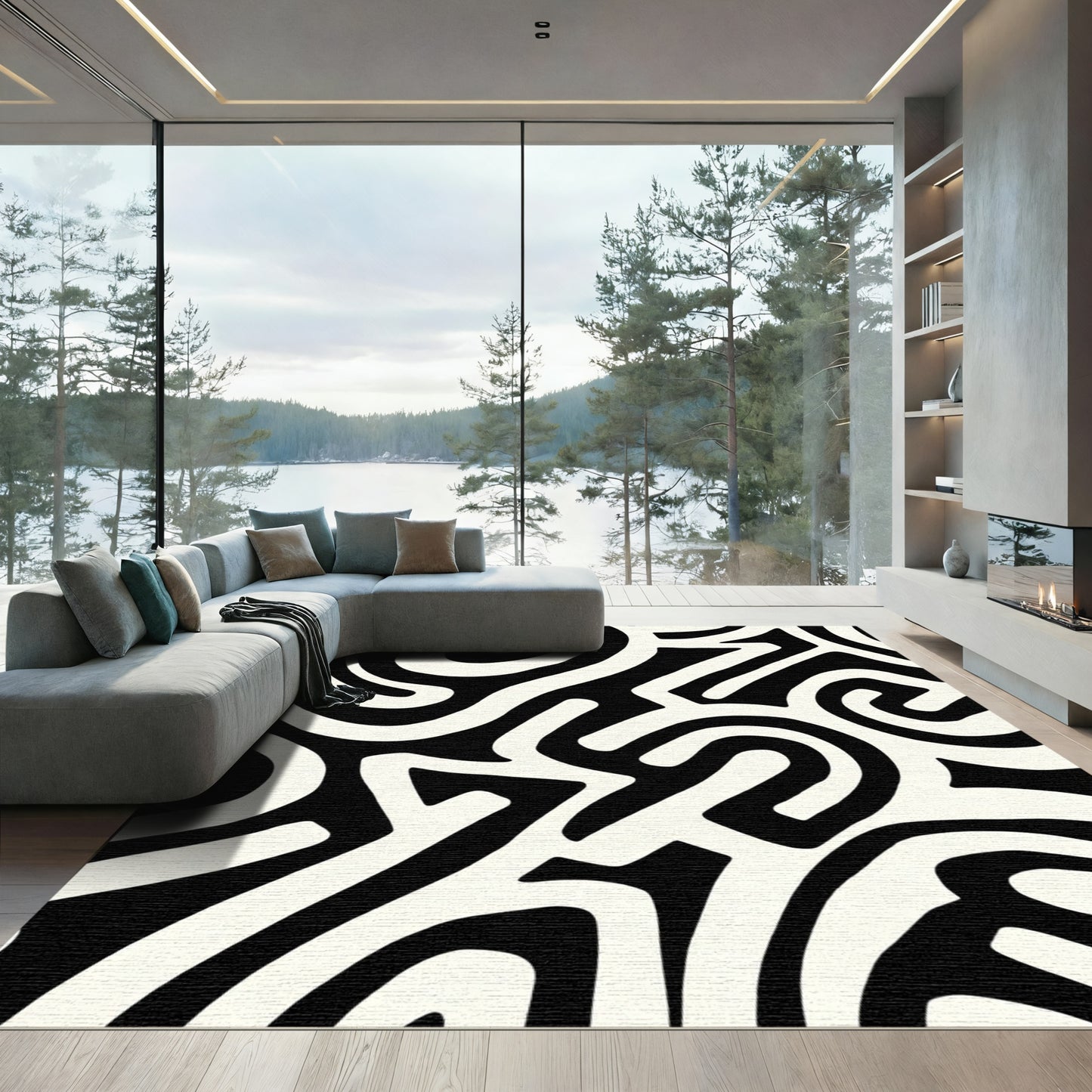Bold Black White Abstract Swirl Rug