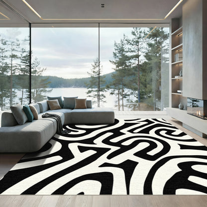 Bold Black White Abstract Swirl Rug