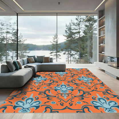 Orange And Teal Floral Damask Rug