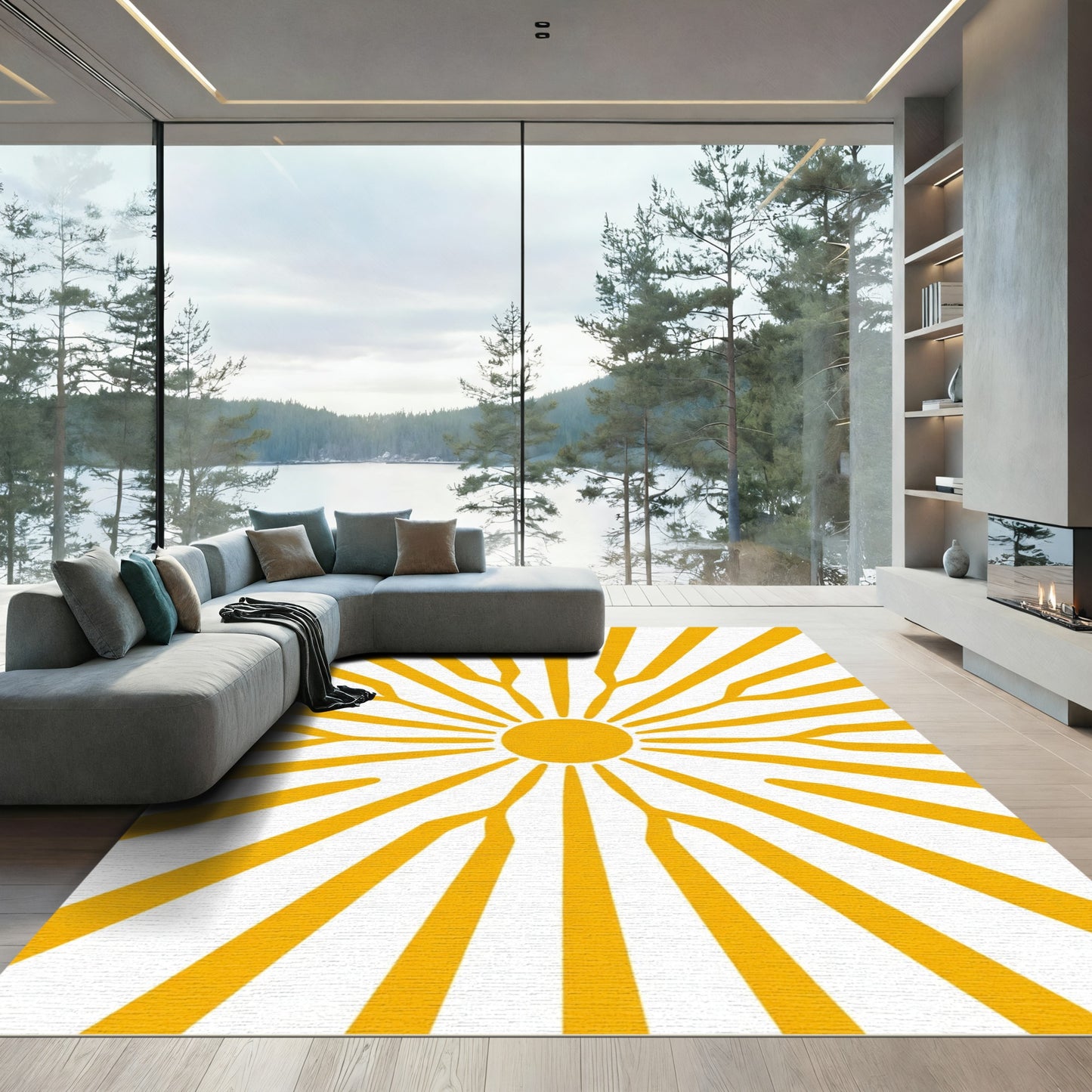 Golden Sun Burst Rays Rug