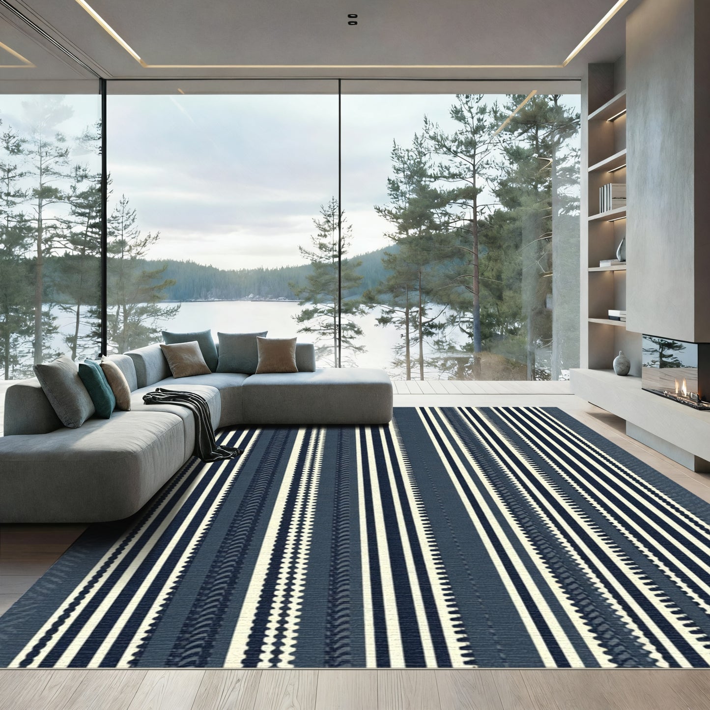 Navy Cream Vertical Stripe Collection Rug