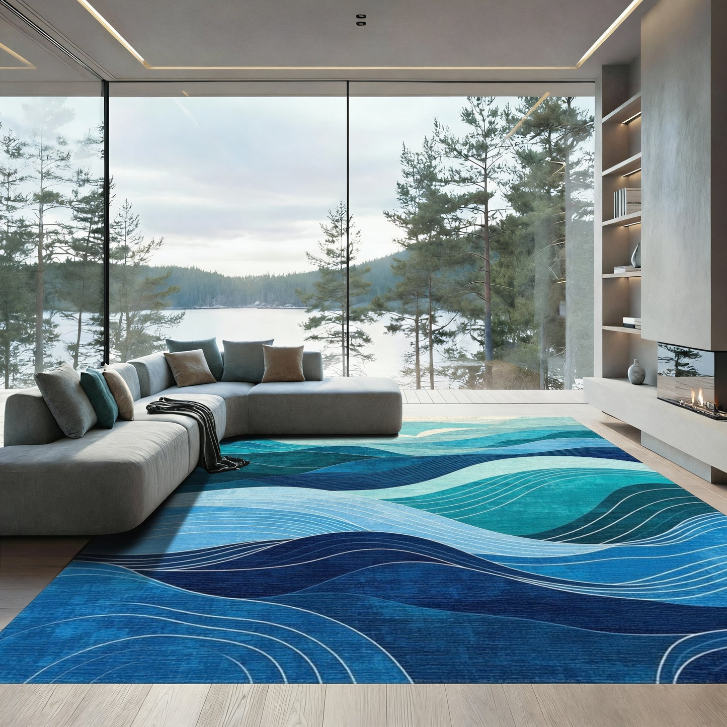 Layered Teal Blue Waves Rug