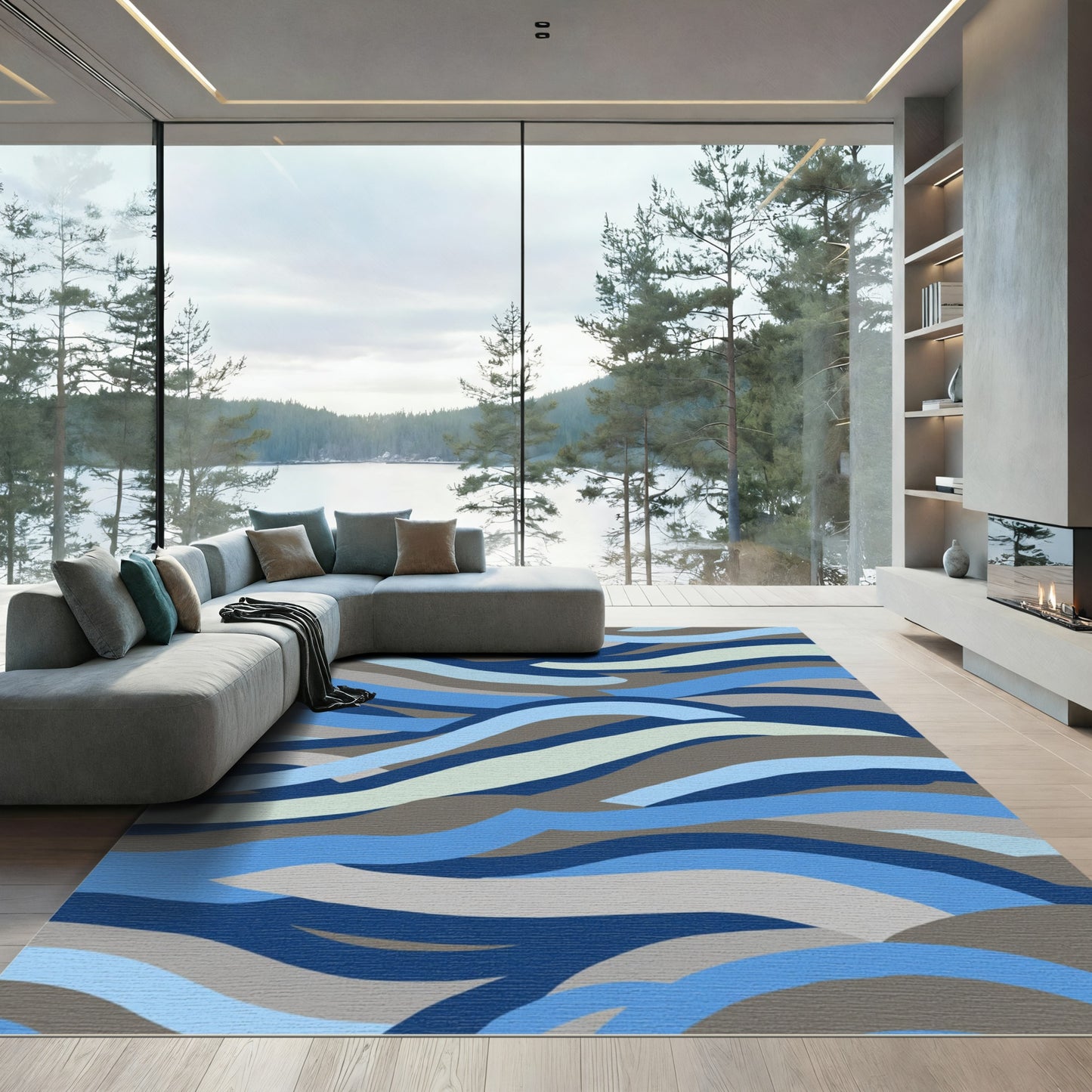 Oceanic Blue Abstract Wave Rug