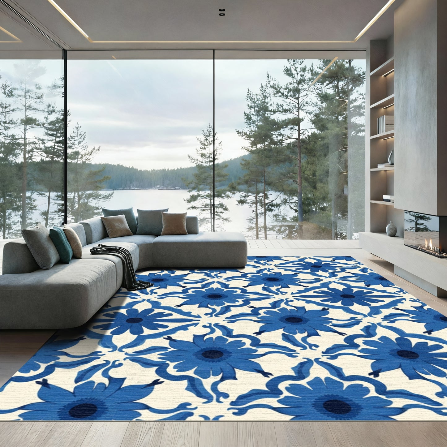 Bold Blue Floral Medallion Cream Rug