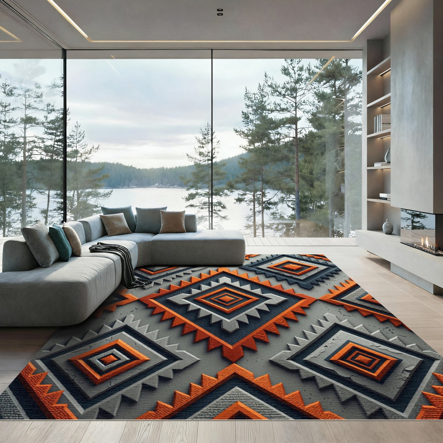 Orange Gray Raised Diamond Tribal Rug