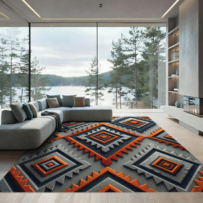 Orange Gray Raised Diamond Tribal Rug