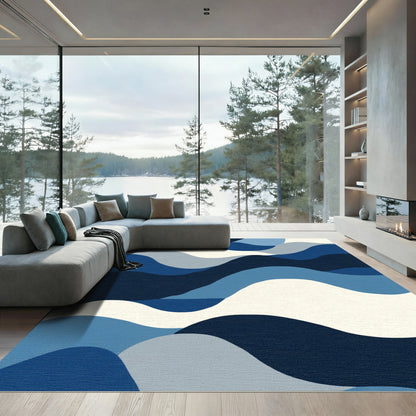 Deep Blue Wavy Abstract Landscape Rug