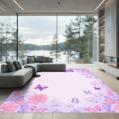 Whimsical Lavender Floral Butterfly Bloom Rug