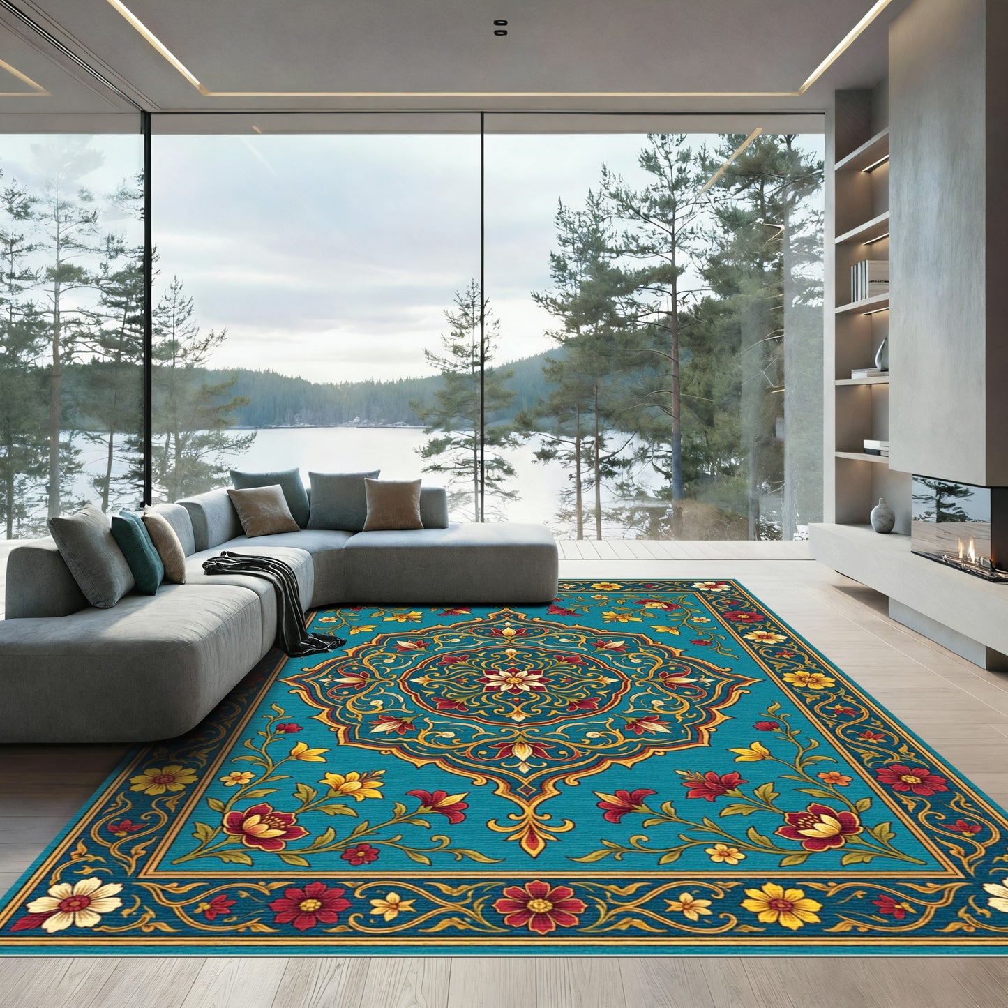 Teal Crimson Floral Medallion Border Rug