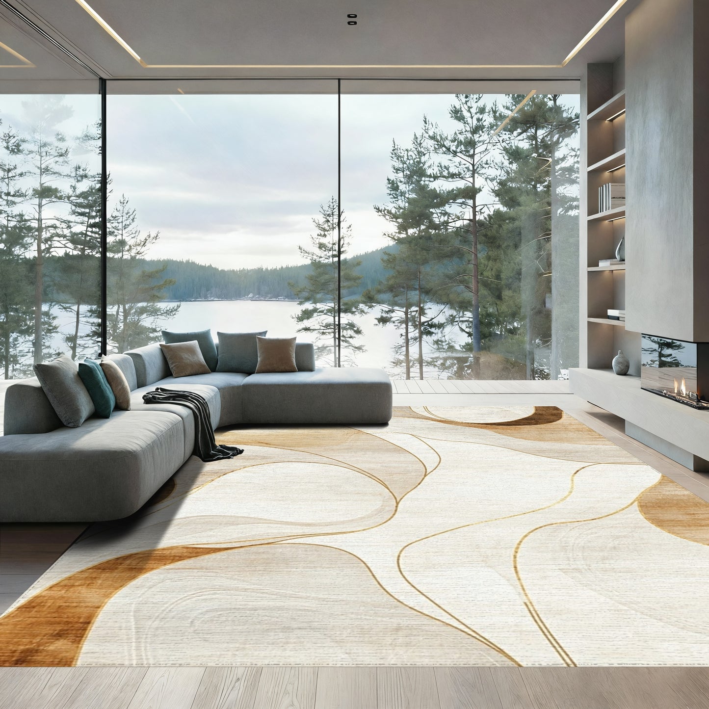 Beige Gold Fluid Abstract Rug