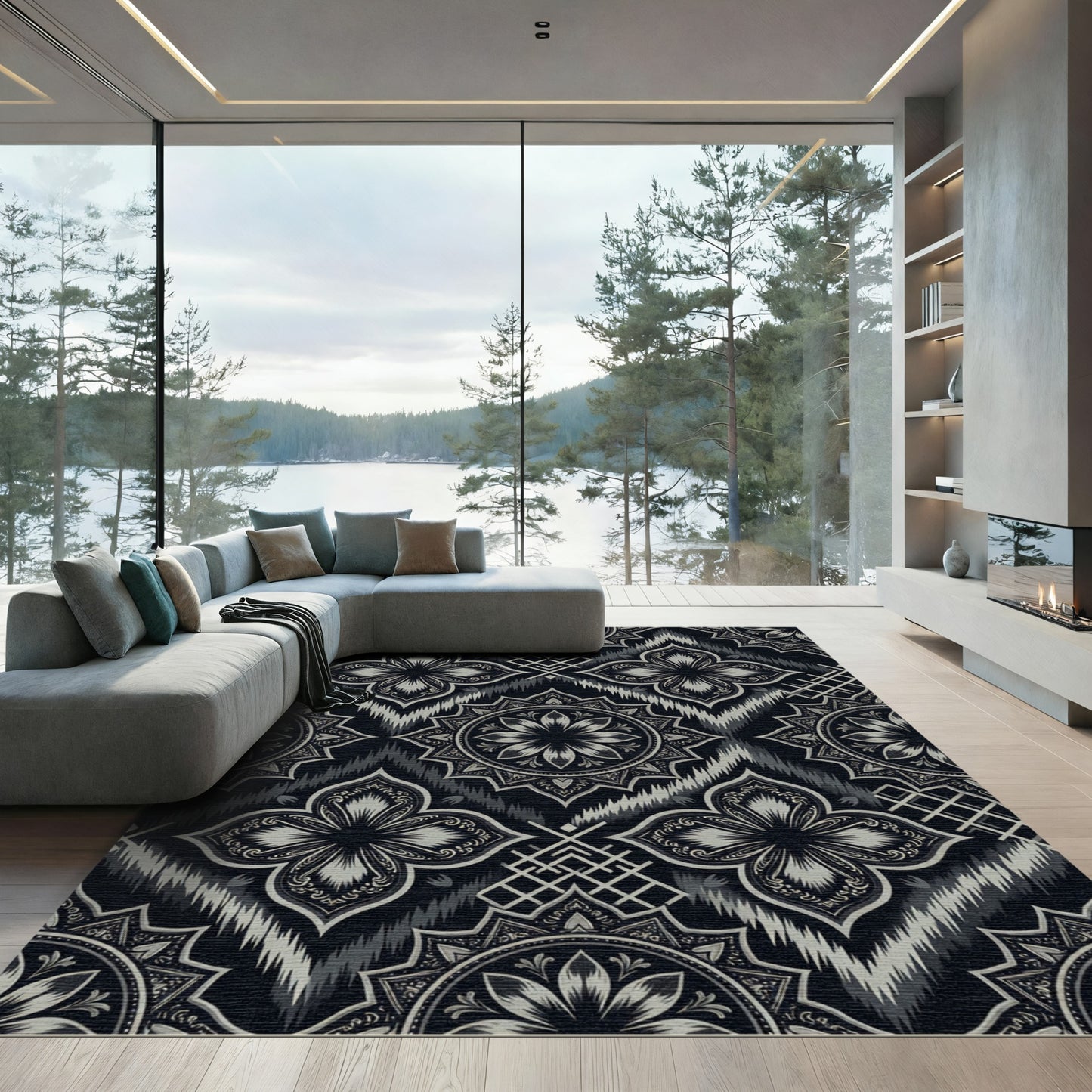 Monochromatic Floral Medallion Ikat Rug