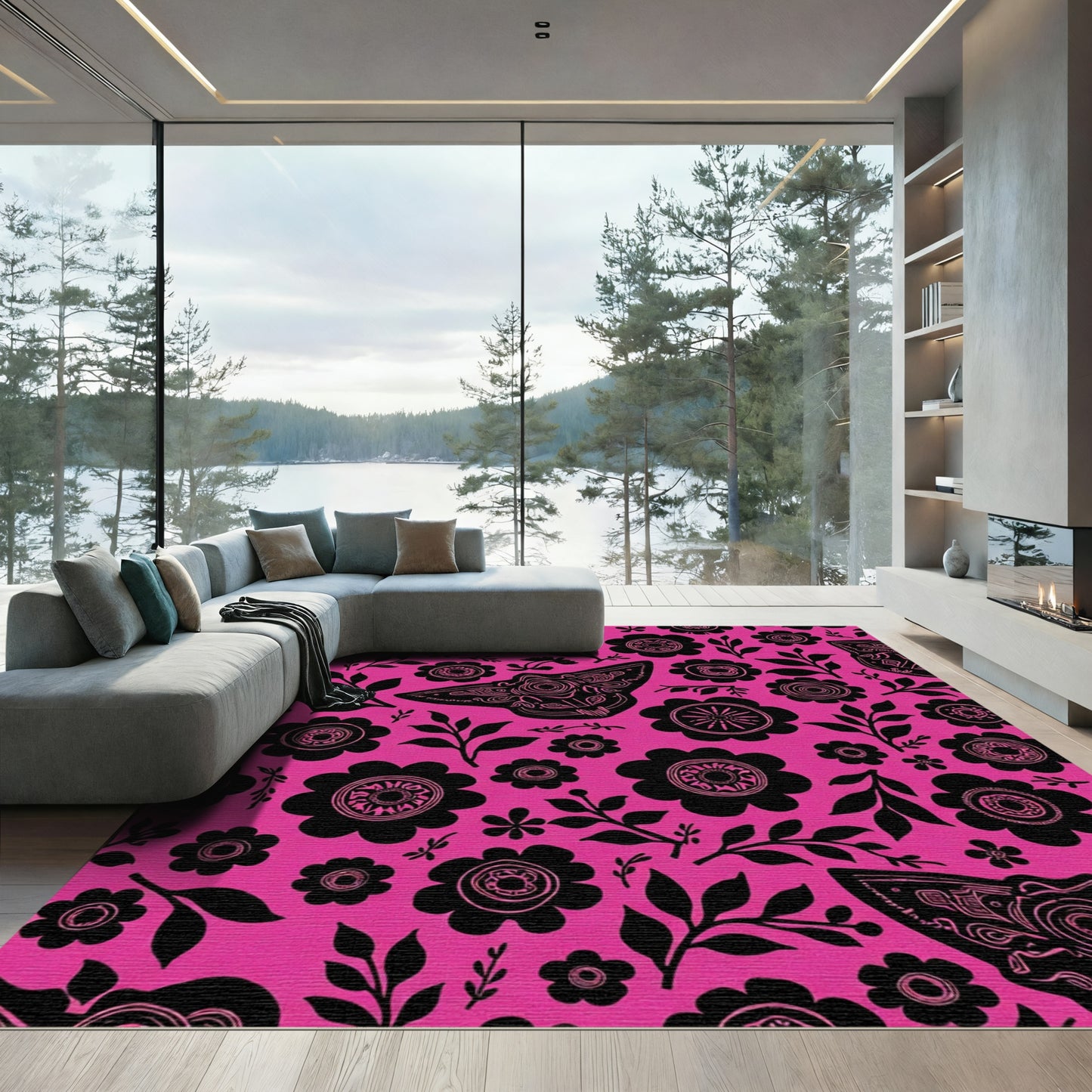 Hot Pink Black Moth Floral Meadow Rug