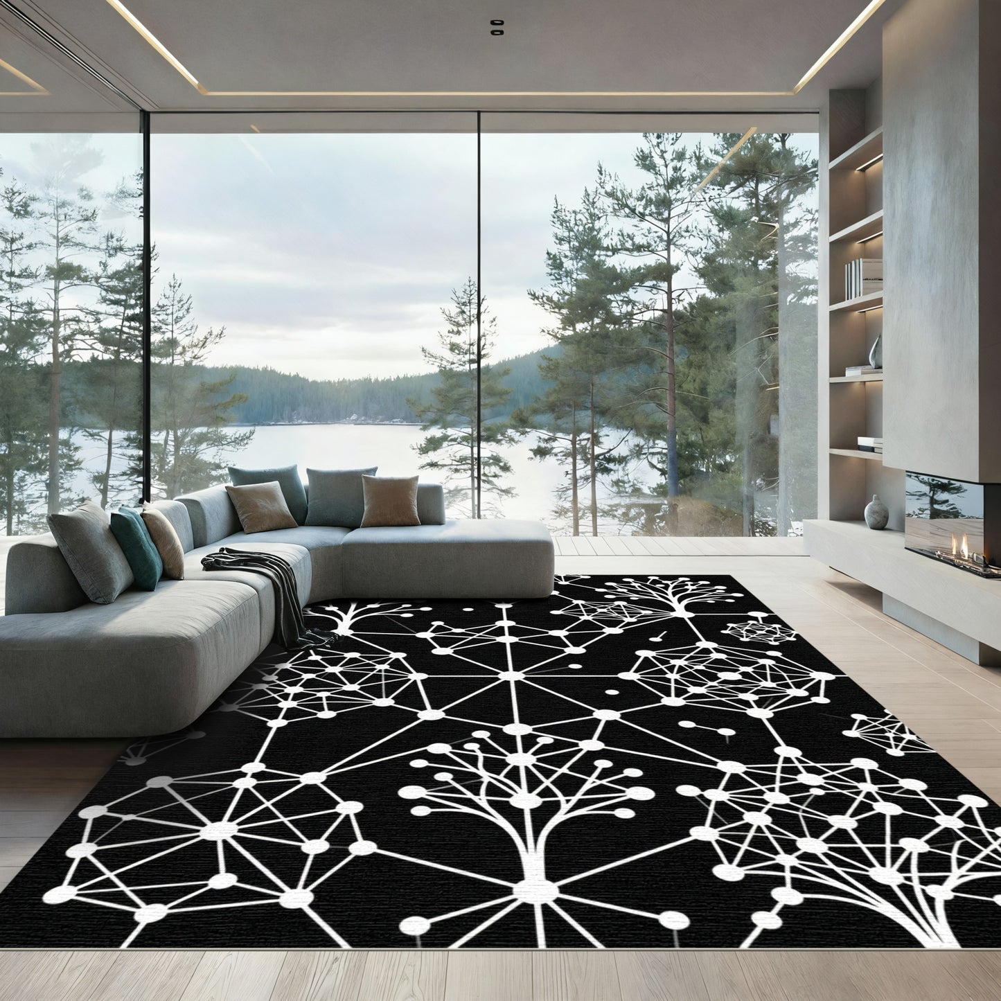 Abstract White Geometric Tree Network Rug