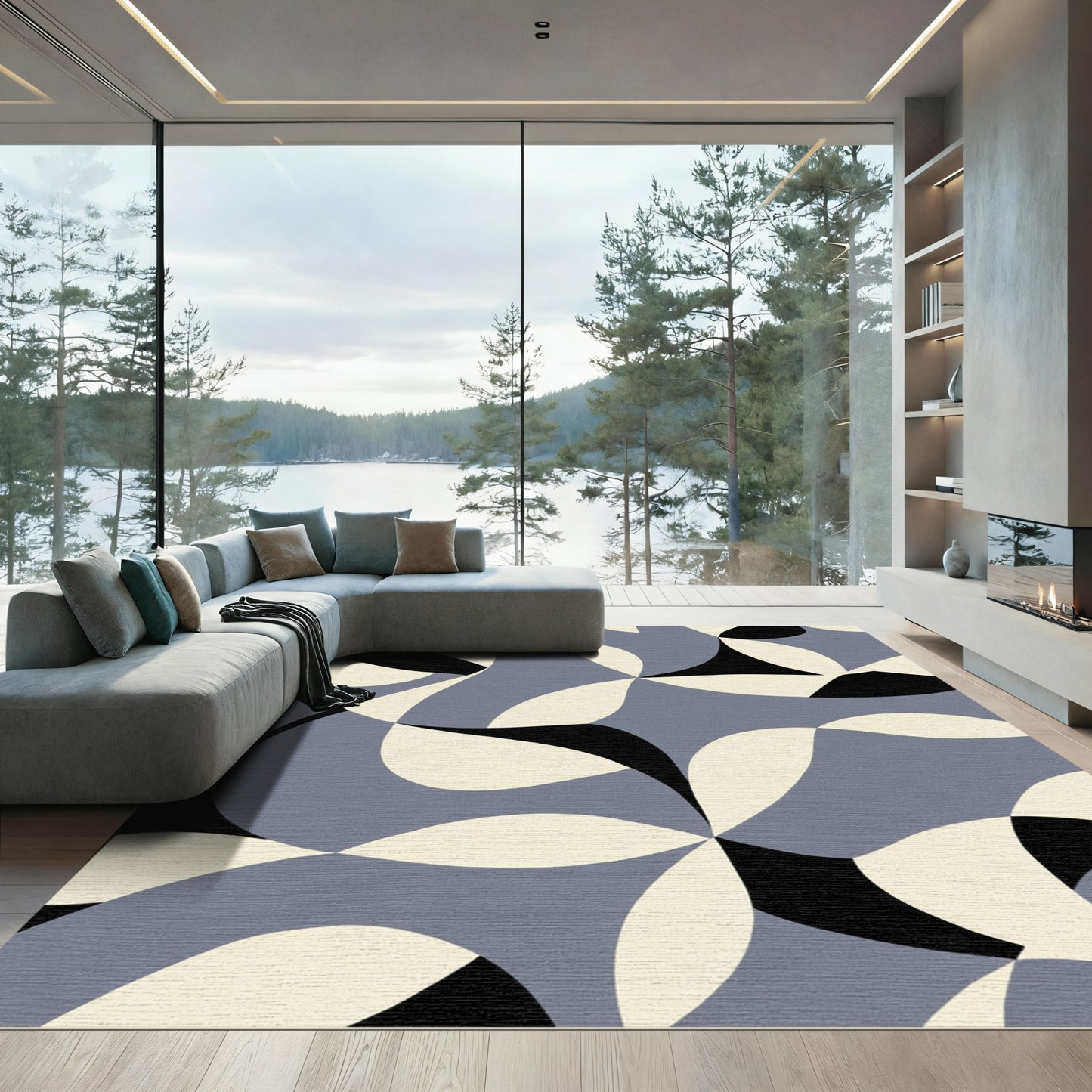 Soft Blue Curving Abstract Composition Rug