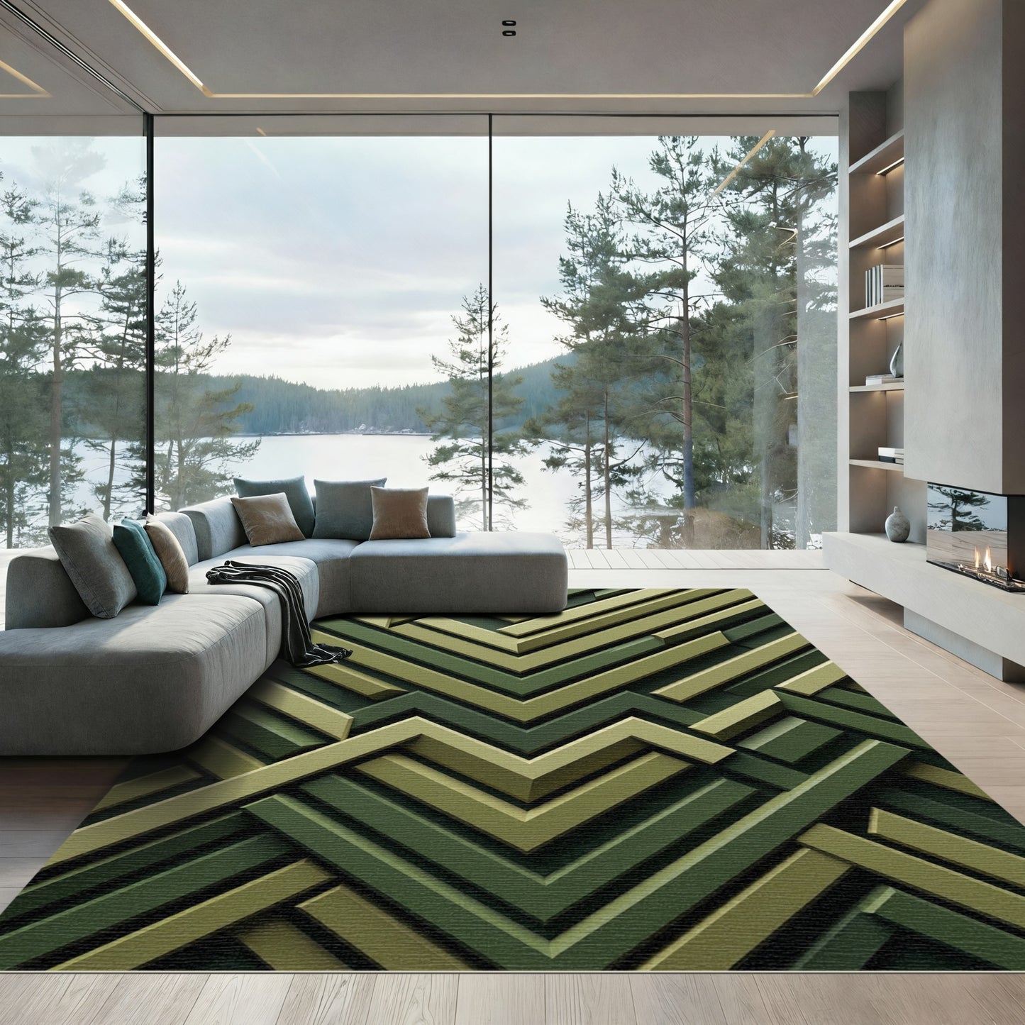 Deep Forest Geometric Chevron Rug