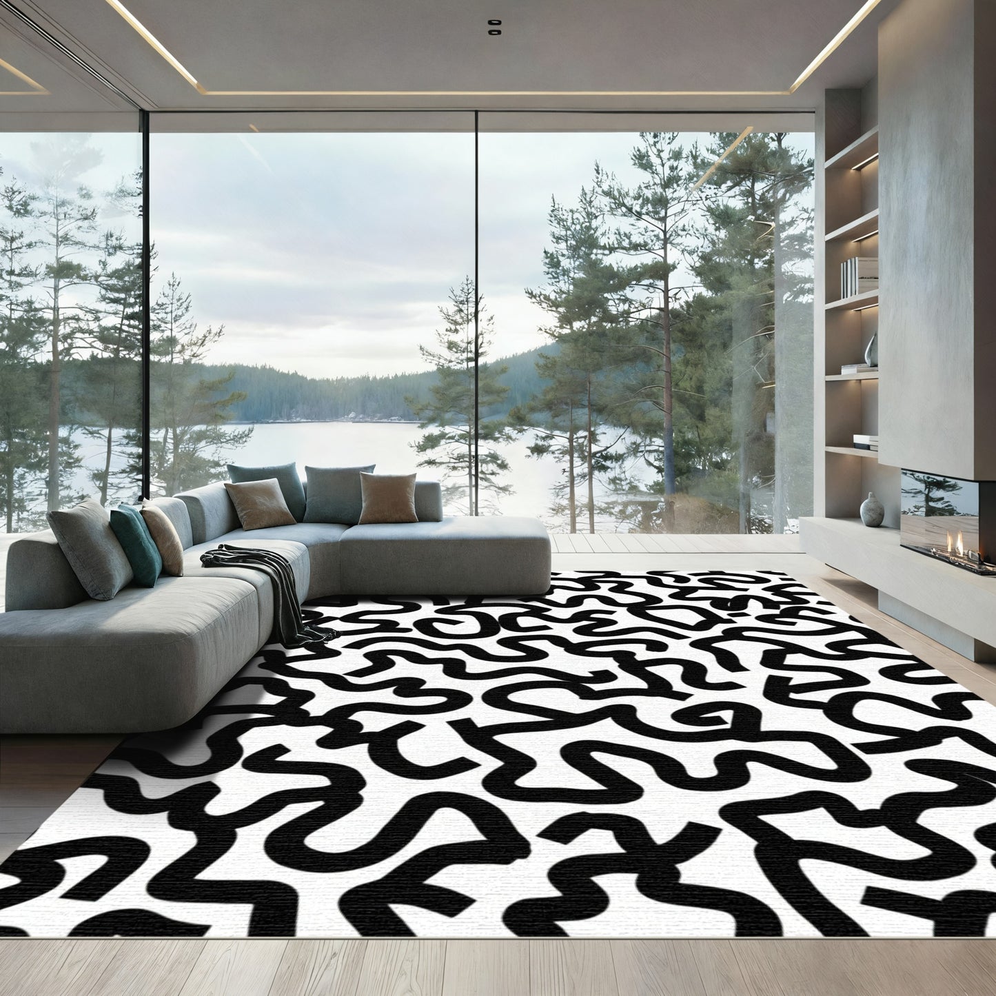 Bold Black Abstract Swirls Rug