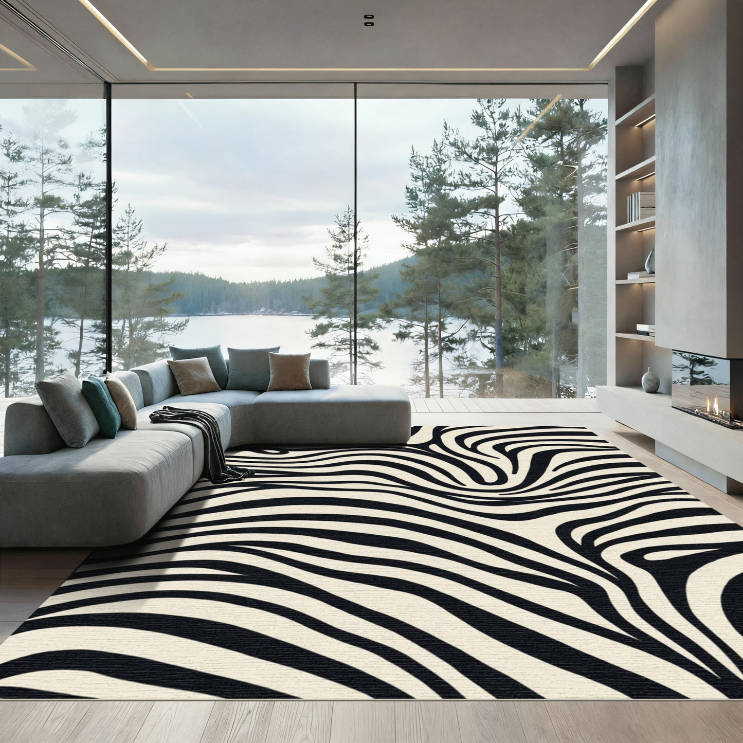 Bold Black Cream Swirl Stripes Rug