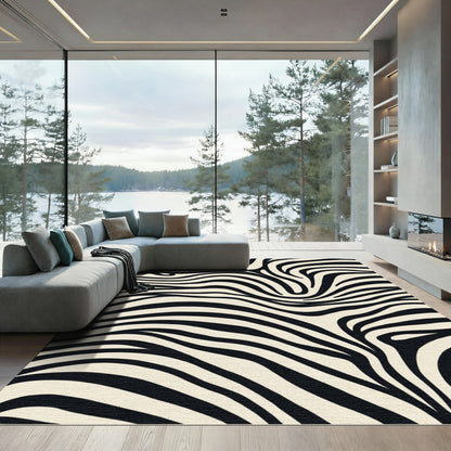 Bold Black Cream Swirl Stripes Rug